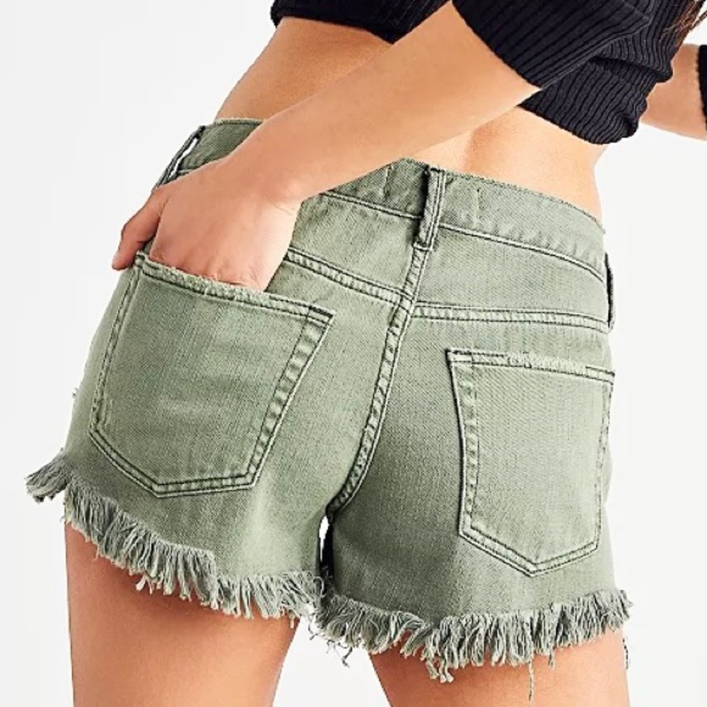 FREE PEOPLE We The Free Loving Good Vibrations Cutoff Olive Green Denim Shorts - Picture 2 of 13